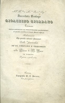 Al. Sacerdote. Gioachino Giordano Torinese. e prefetto del clero di …