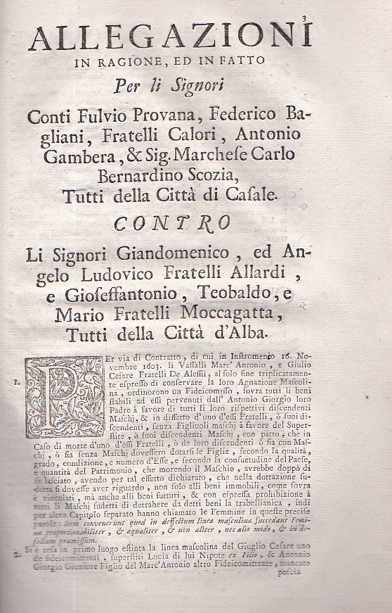 Allegazioni in ragione, ed in fatto per li Signori Conti …