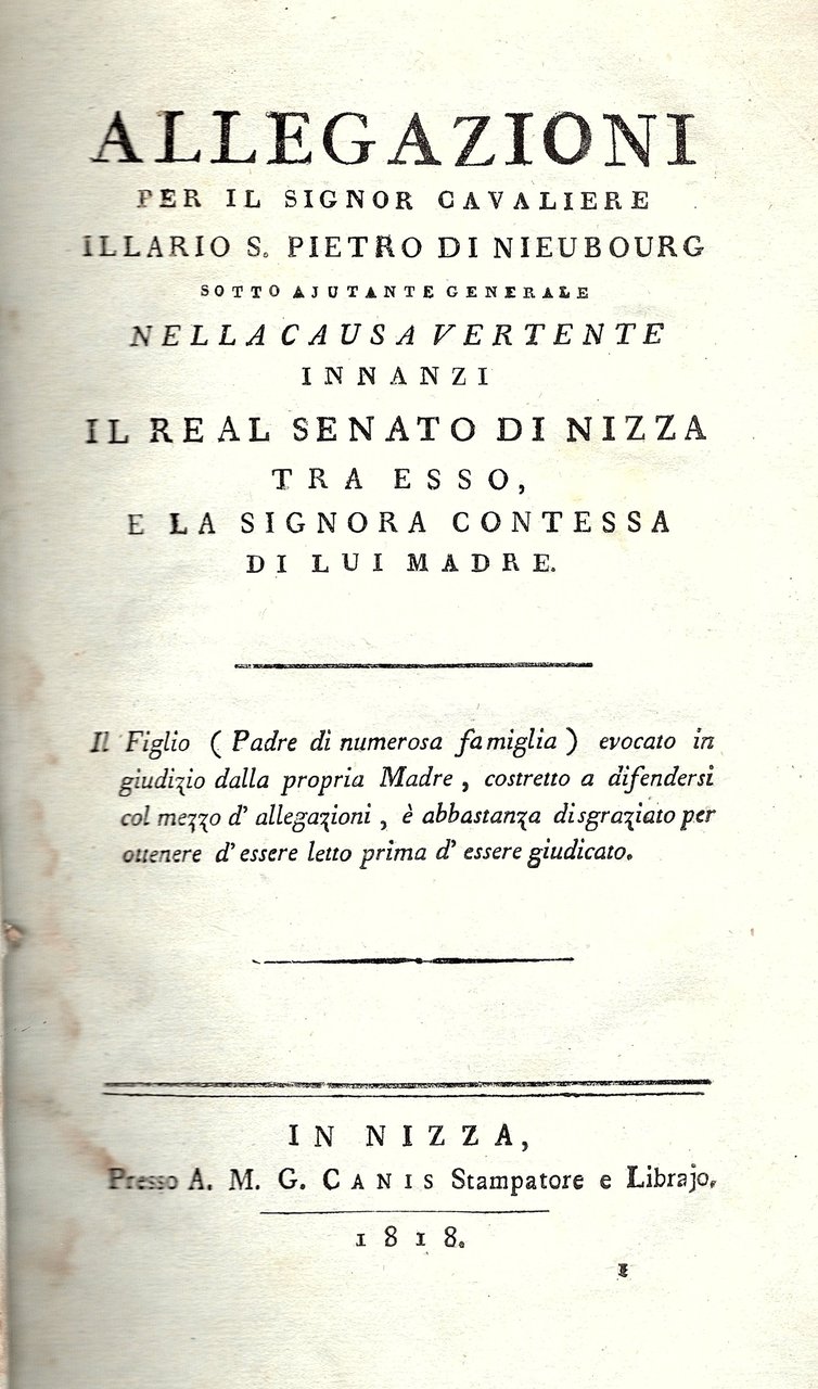 Allegazioni per il Signor Cavaliere Illario S. Pietro di Nieubourg … | Immagine principale
