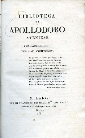 Biblioteca di Apollodoro Ateniese. Volgarizzamento del Cav. Compagnoni