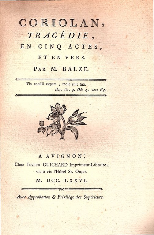 Coriolan, Tragédie, en cinq actes, et en vers