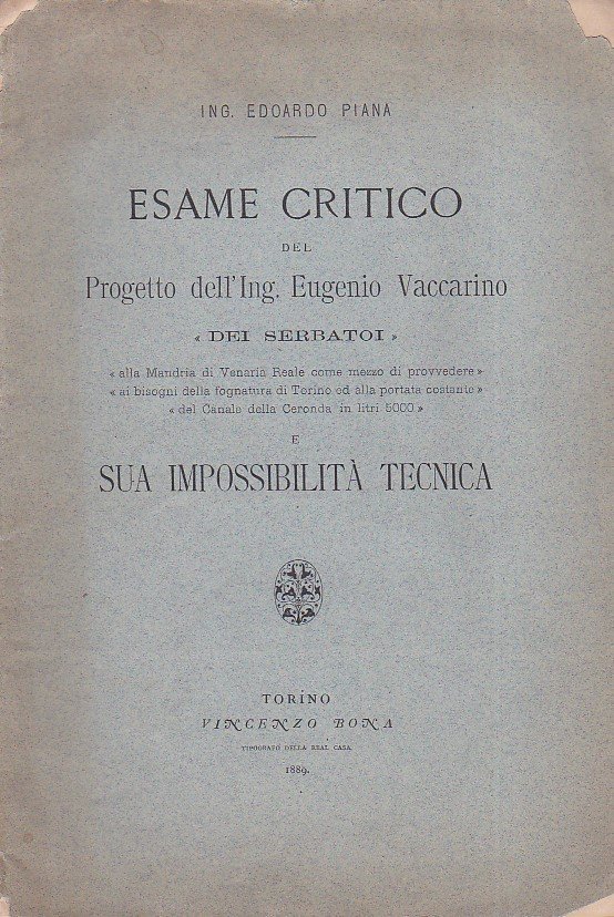 Esame critico del Progetto dell'Ing. Eugenio Vaccarino 'Dei serbatoi alla …