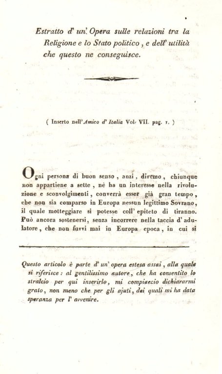 Estratto d'un Opera sulle relazioni tra la Religione e lo …