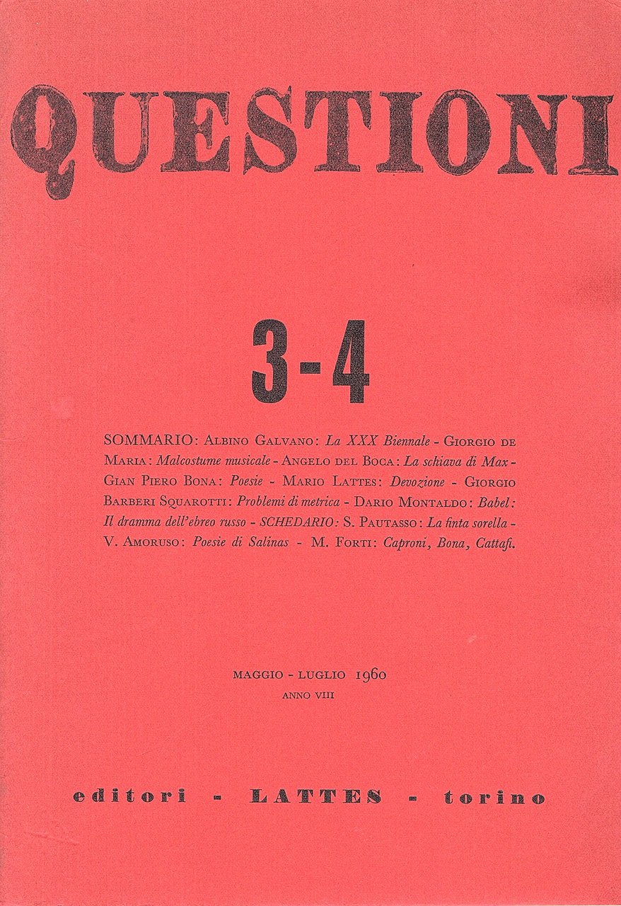 Questioni. Bimestrale di cultura. Nuova serie (1960). NN°3-4