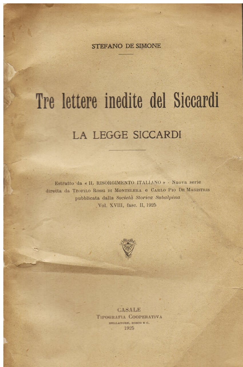 Tre lettere inedite del Siccardi. La legge Siccardi. Estratto da … | Immagine principale