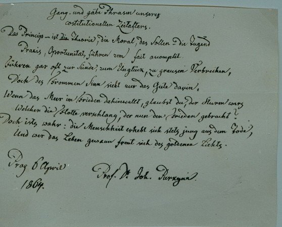 Autograph quotation signed ("Prof. Dr. Joh. Purkyne").