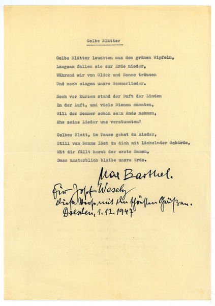 Ms. Gedicht mit eigenh. Zusatz und U.