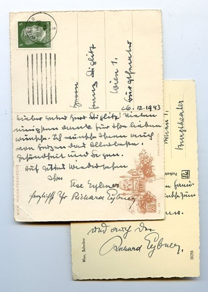 2 eigenh. Nachschriften mit U. auf 2 Bildpostkarten seiner Gattin …