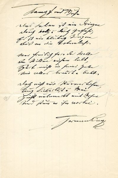 Kampf und Mühe. Eigenh. Gedicht (12 Zeilen) mit einigen Begleitzeilen …