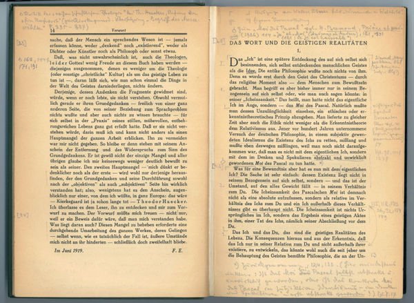 Eigenh. Anmerkungen mit eh. Besitzvermerk in: Ferdinand Ebner. Das Wort …