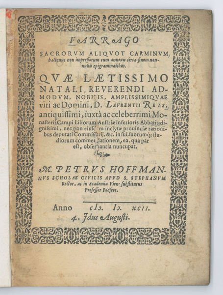 Farrago sacrorum aliquot carminum hactenus non impressorum cum annexis circa …