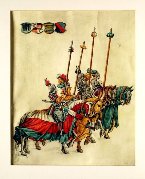 Pergamentblatt mit vier turnierenden Rittern.