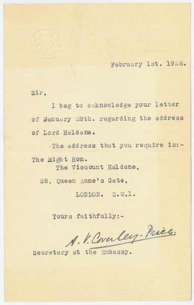 Ms. Brief mit eigenh. U. ("A. V. Coverley-Price").