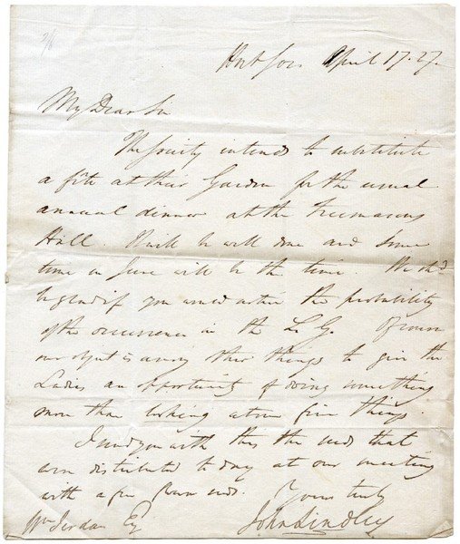 Autograph letter signed ("John Lindley").