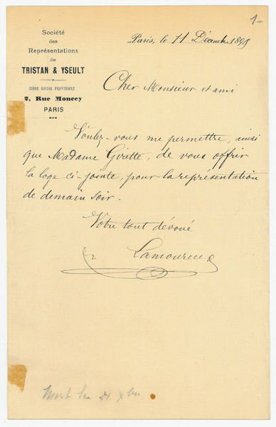 Eigenh. Brief mit U. („Ch. Lamoureux“).