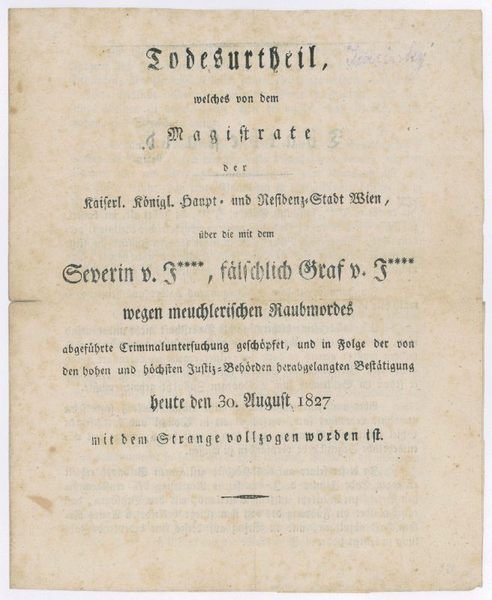Todesurtheil, welches von dem Magistrate der Kaiserl. Königl. Haupt- und …