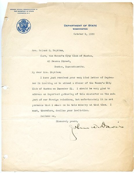 Autograph letter signed ("John W. Davis").