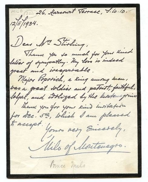 Autograph letter signed ("Milo of Montenegro").