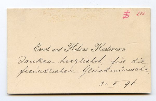 Visitenkarte mit zwei eh. Dankeszeilen.