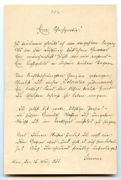 Eine Schachpartie. Eigenh. Gedicht (14 Zeilen) mit U. ("Sincerus").