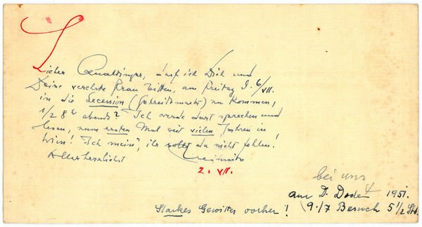 Eigenh. Briefkarte mit U. ("Heimito").