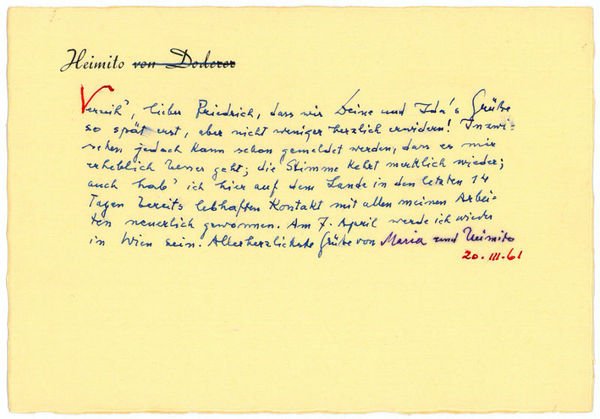 Eigenh. Briefkarte mit U. ("Heimito").