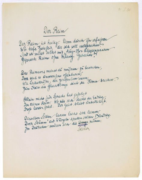 Der Reim. Eigenhändiges Sonett ohne U.