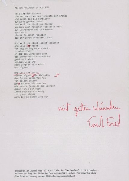 Meinen Freunden in Holland. Typed poetry ms. (30 lines) with …