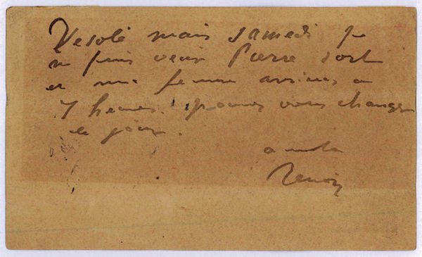 Autograph Carte Pneumatique Signed ("Renoir"). N. p., [December 5, 1897 …
