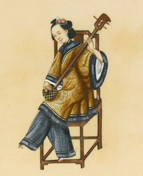 Four drawings of female Chinese musicians playing musical instruments.