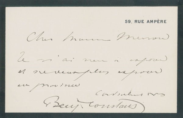 Autograph lettercard signed ("Benj. Constant").