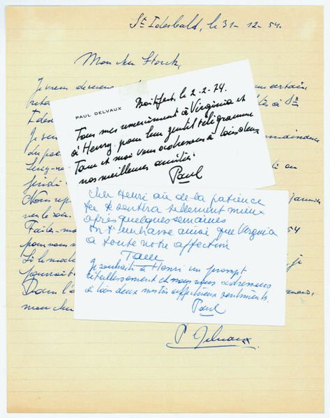 Autograph letter and 2 autogr. lettercards, all signed ("P. Delvaux" …