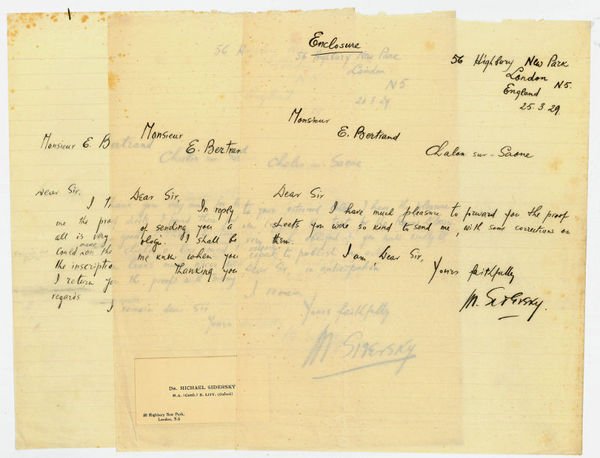 3 eigenh. Briefe mit U. ("M. Sidersky").