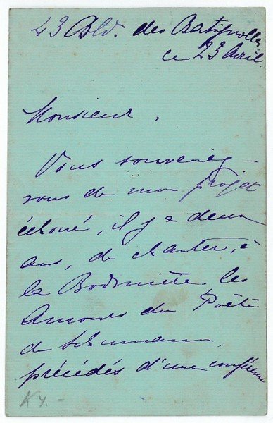 Eigenh. Brief mit U. ("Marcella Pregi").