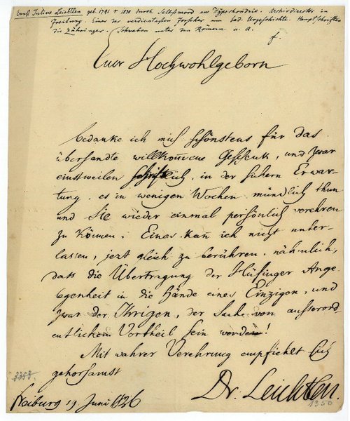 Eigenh. Brief mit U. ("Dr. Leichtlen").
