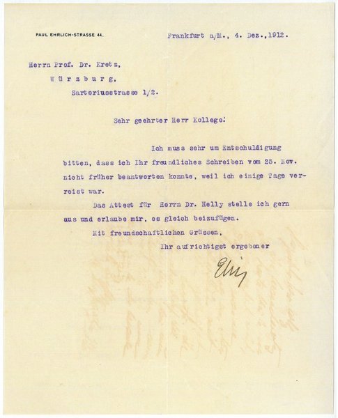 Typed letter signed ("Ehrlich").
