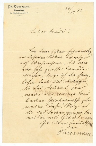 Eigenh. Brief mit U. ("Kussmaul").