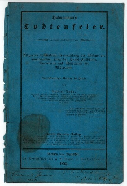 Gedr. Titelblatt von "Hahnemann's Todtenfeier" mit eigenh. Widmung und U.