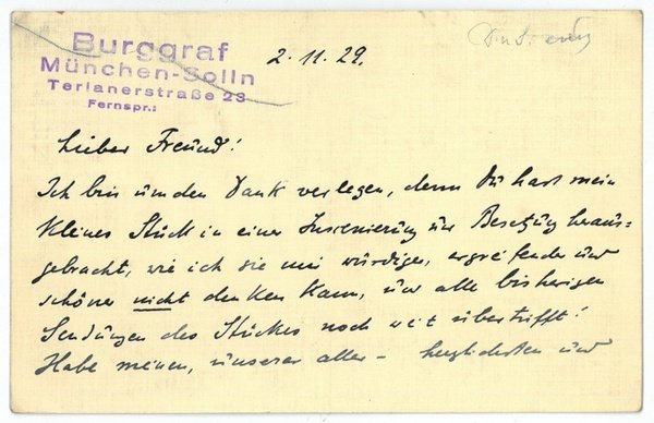 Eigenh. Briefkarte mit U.