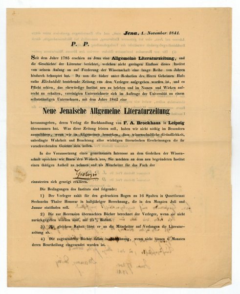 Gedr. Stellenanzeige mit eigenh. Nachsatz und U. ("DBaumg. Crusius").