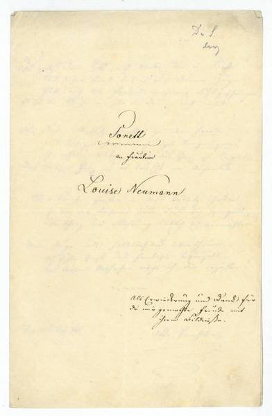 Sonett an Fräulein Louise Neumann. Eigenh. Gedicht mit U.