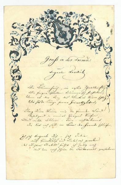 Gruß in der Fremde an Auguste Anschütz. Eigenh. Gedicht mit …