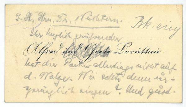 Visitenkarte mit eigenh. Widmung und U. ("AB").