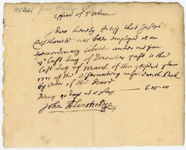 Autograph document signed ("John Flamsteed, MR").