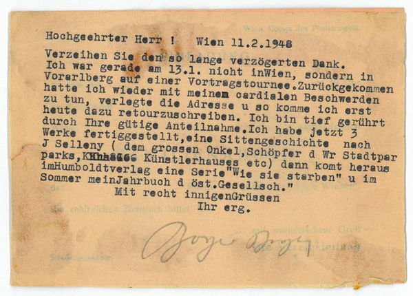 Ms. Postkarte mit eigenh. U.