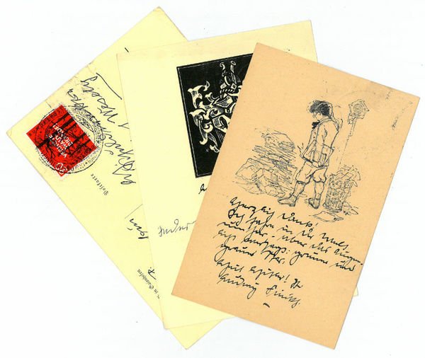 3 eigenh. (Bild-)Postkarten mit U.