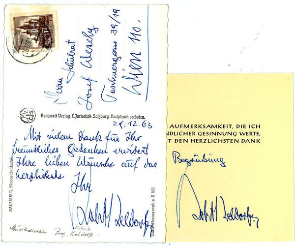 Eigenh. Bildpostkarte und gedr. Dankesschreiben mit eh. U.