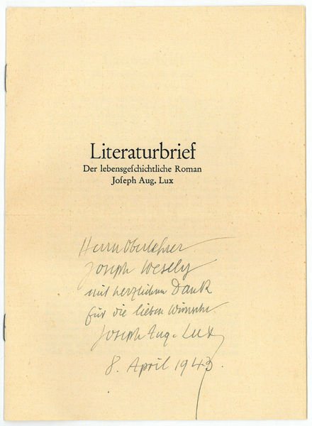 Eigenh. Widmung auf gedr. Broschur (Literaturbrief. Der lebensgeschichtliche Roman).