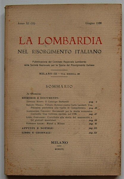 LA LOMBARDIA NEL RISORGIMENTO ITALIANO. ANNO XI. GIUGNO 1926.