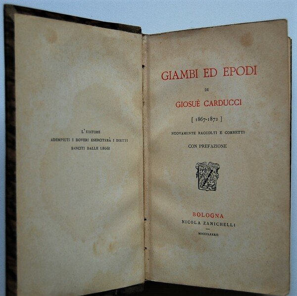 GIAMBI ED EPODI DI GIOSUE' CARDUCCI (1867 1872). NUOVAMENTE RACCOLTI …